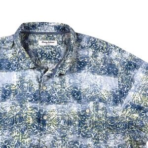 Tommy Bahama Tortola Mens XXL Blue Floral Batik Tencel Cotton Short Sleeve Shirt